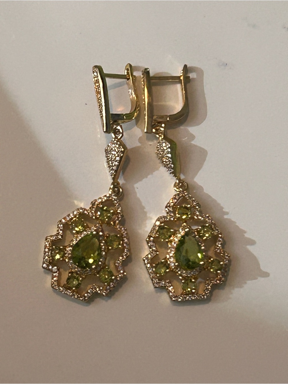 Gold-Tone Drop Earrings with Green Gem Accents
